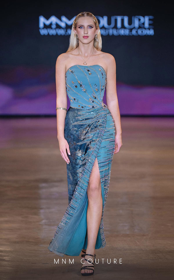 MNM Couture Style J03597 strapless gown with crystal details, sweetheart neckline, and dramatic split. \ Couture Shop LA