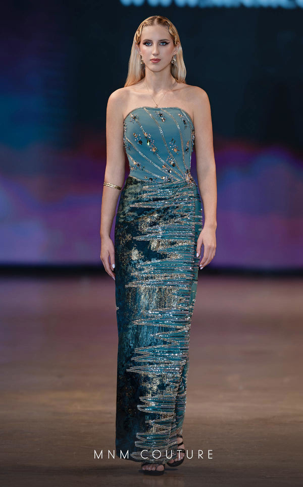 MNM Couture Style J03597 strapless gown with crystal details, sweetheart neckline, and dramatic split. \ Couture Shop LA