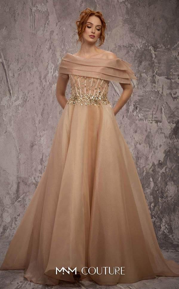 MNM Couture Style J03599 organza ballgown with a corseted bodice, crystal details, and asymmetrical neckline. \ Couture Shop LA