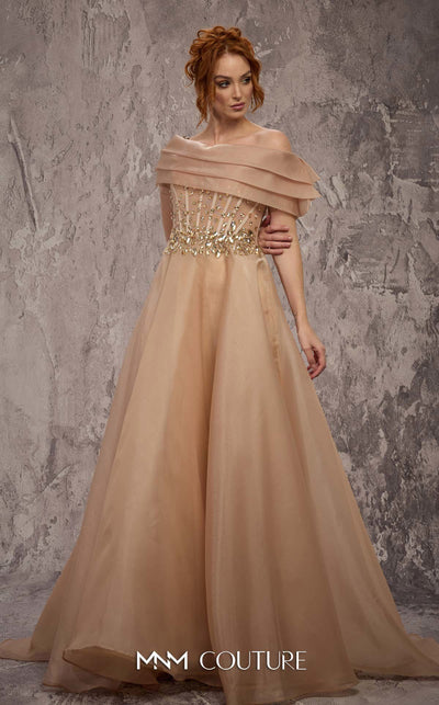 MNM Couture Style J03599 organza ballgown with a corseted bodice, crystal details, and asymmetrical neckline. \ Couture Shop LA