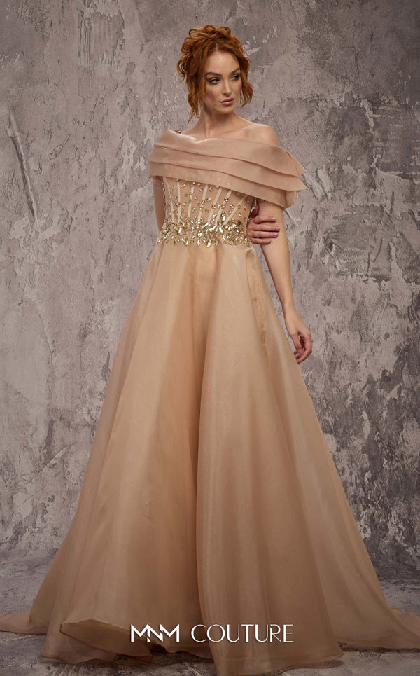 MNM Couture Style J03599 organza ballgown with a corseted bodice, crystal details, and asymmetrical neckline. \ Couture Shop LA