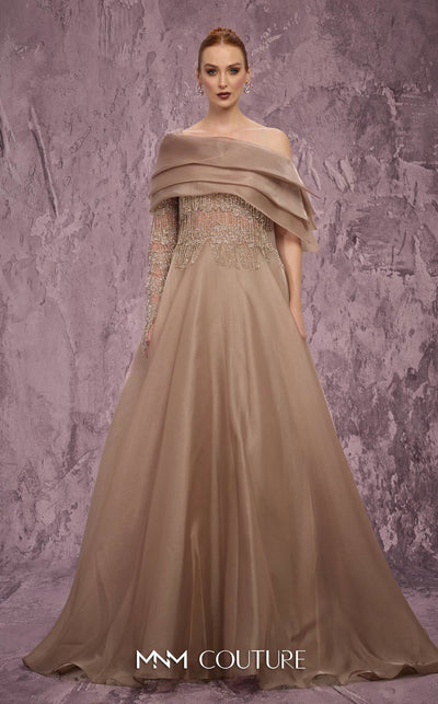 MNM Couture Style J03599 organza ballgown with a corseted bodice, crystal details, and asymmetrical neckline. \ Couture Shop LA