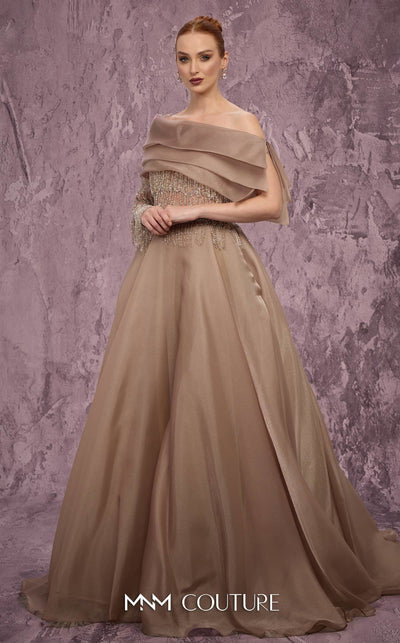 MNM Couture Style J03599 organza ballgown with a corseted bodice, crystal details, and asymmetrical neckline. \ Couture Shop LA