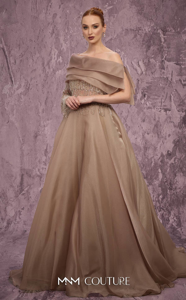 MNM Couture Style J03599 organza ballgown with a corseted bodice, crystal details, and asymmetrical neckline. \ Couture Shop LA