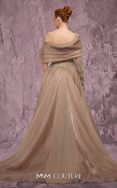 MNM Couture Style J03599 organza ballgown with a corseted bodice, crystal details, and asymmetrical neckline. \ Couture Shop LA