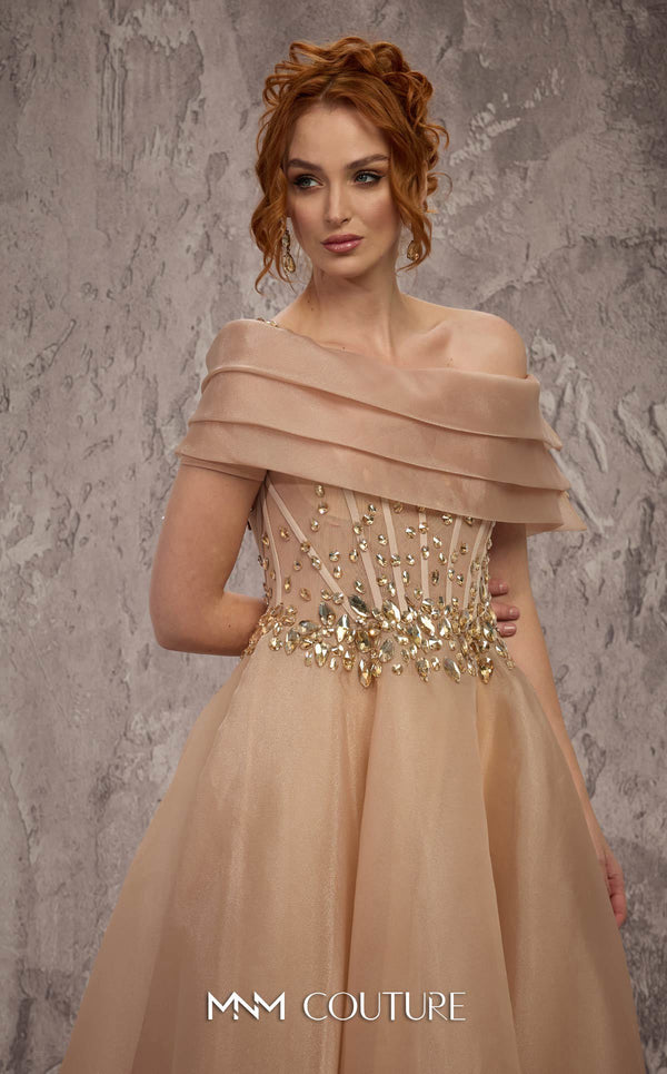 MNM Couture Style J03599 organza ballgown with a corseted bodice, crystal details, and asymmetrical neckline. \ Couture Shop LA