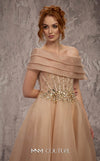 MNM Couture Style J03599 organza ballgown with a corseted bodice, crystal details, and asymmetrical neckline. \ Couture Shop LA