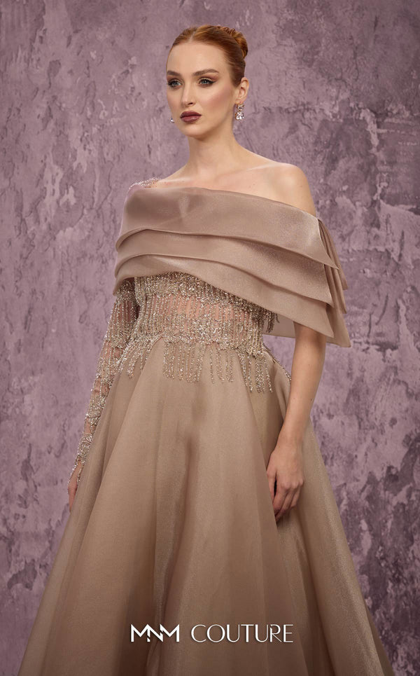 MNM Couture Style J03599 organza ballgown with a corseted bodice, crystal details, and asymmetrical neckline. \ Couture Shop LA