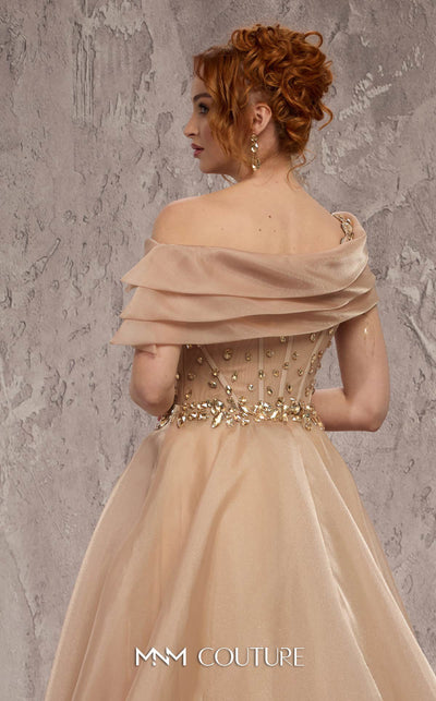 MNM Couture Style J03599 organza ballgown with a corseted bodice, crystal details, and asymmetrical neckline. \ Couture Shop LA