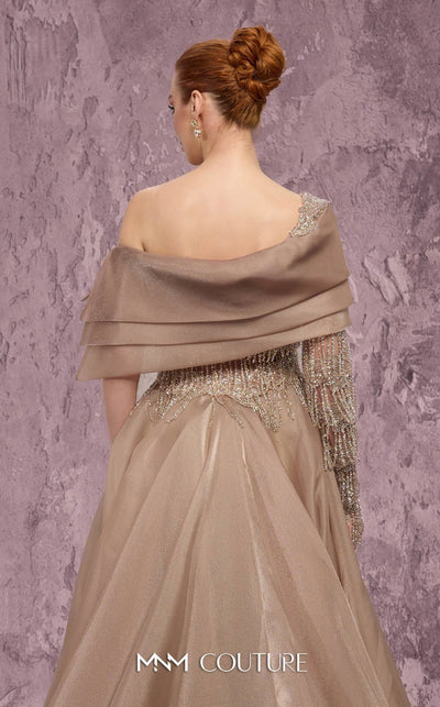 MNM Couture Style J03599 organza ballgown with a corseted bodice, crystal details, and asymmetrical neckline. \ Couture Shop LA