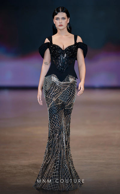 MNM Couture Style J03603 beaded mermaid gown with a corset top, mesh bodice, and off-the-shoulder straps. \ Couture Shop LA