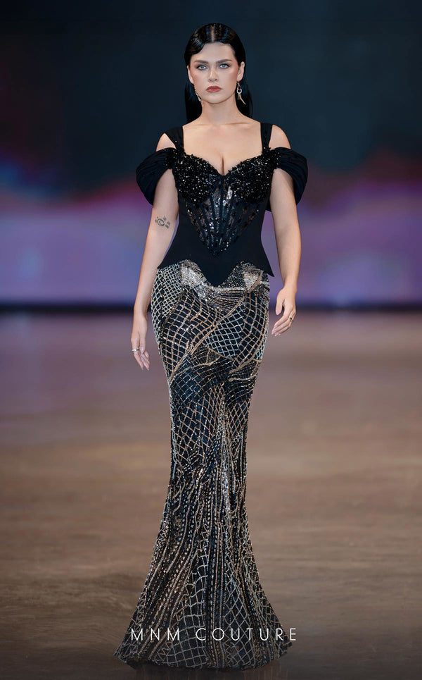 MNM Couture Style J03603 beaded mermaid gown with a corset top, mesh bodice, and off-the-shoulder straps. \ Couture Shop LA