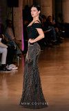 MNM Couture Style J03603 beaded mermaid gown with a corset top, mesh bodice, and off-the-shoulder straps. \ Couture Shop LA