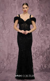 MNM Couture Style J03603 beaded mermaid gown with a corset top, mesh bodice, and off-the-shoulder straps. \ Couture Shop LA