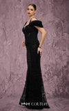 MNM Couture Style J03603 beaded mermaid gown with a corset top, mesh bodice, and off-the-shoulder straps. \ Couture Shop LA