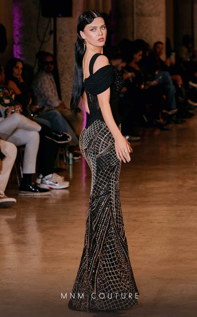 MNM Couture Style J03603 beaded mermaid gown with a corset top, mesh bodice, and off-the-shoulder straps. \ Couture Shop LA