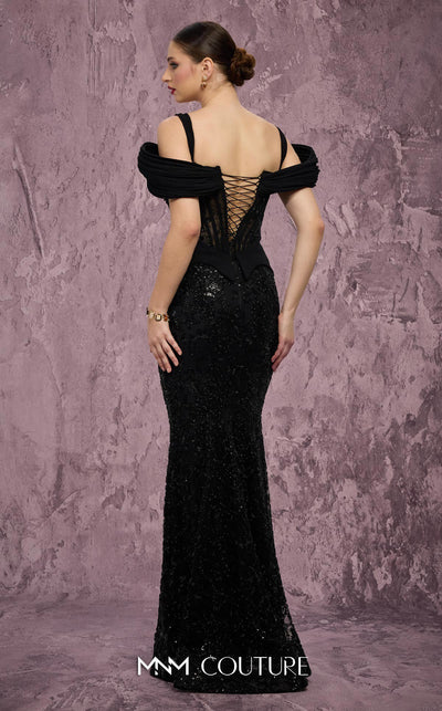 MNM Couture Style J03603 beaded mermaid gown with a corset top, mesh bodice, and off-the-shoulder straps. \ Couture Shop LA