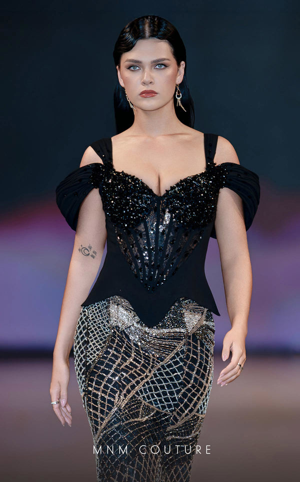 MNM Couture Style J03603 beaded mermaid gown with a corset top, mesh bodice, and off-the-shoulder straps. \ Couture Shop LA