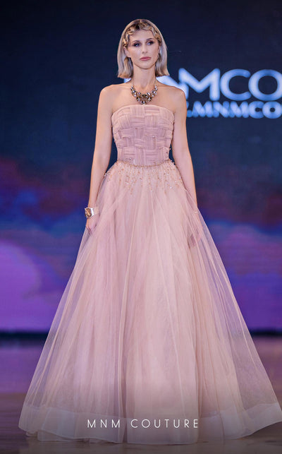 MNM Couture Style J03604 strapless A-line organza gown with a basket-weaved bodice and hanging crystals. \ Couture Shop LA