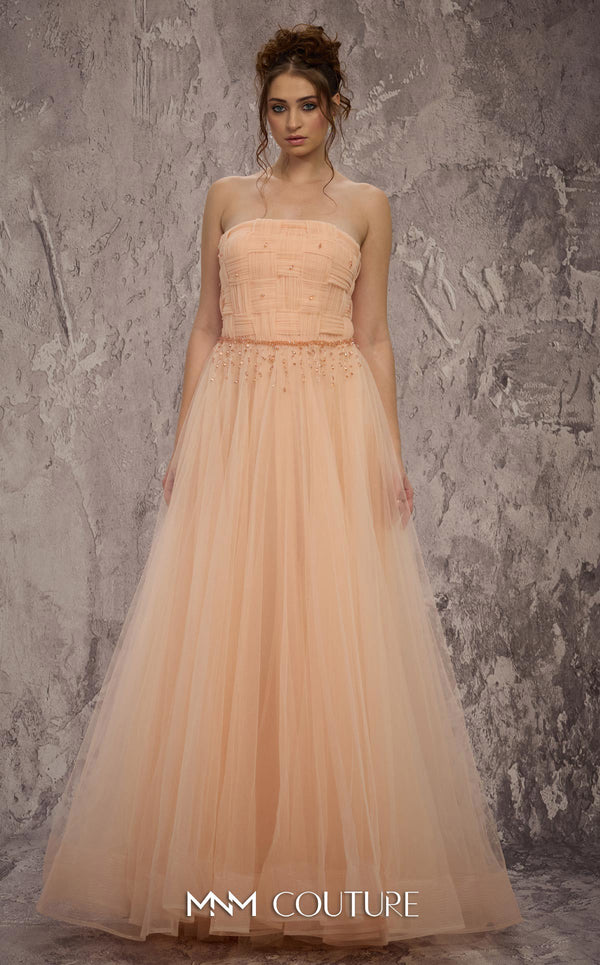 MNM Couture Style J03604 strapless A-line organza gown with a basket-weaved bodice and hanging crystals. \ Couture Shop LA