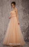 MNM Couture Style J03604 strapless A-line organza gown with a basket-weaved bodice and hanging crystals. \ Couture Shop LA