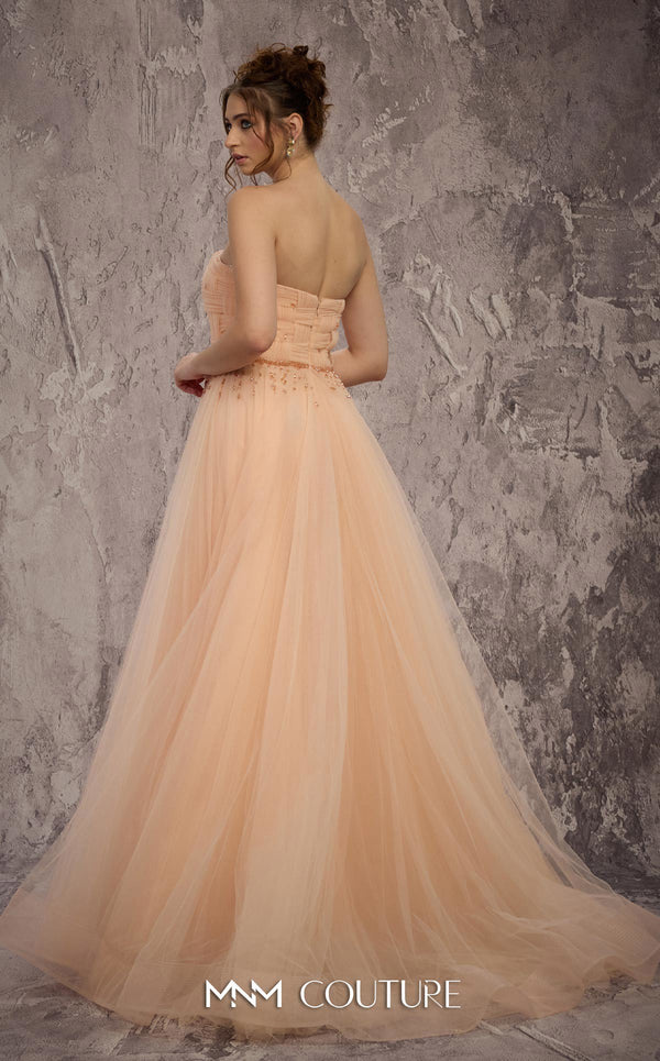 MNM Couture Style J03604 strapless A-line organza gown with a basket-weaved bodice and hanging crystals. \ Couture Shop LA