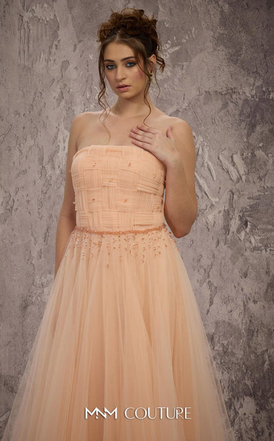 MNM Couture Style J03604 strapless A-line organza gown with a basket-weaved bodice and hanging crystals. \ Couture Shop LA