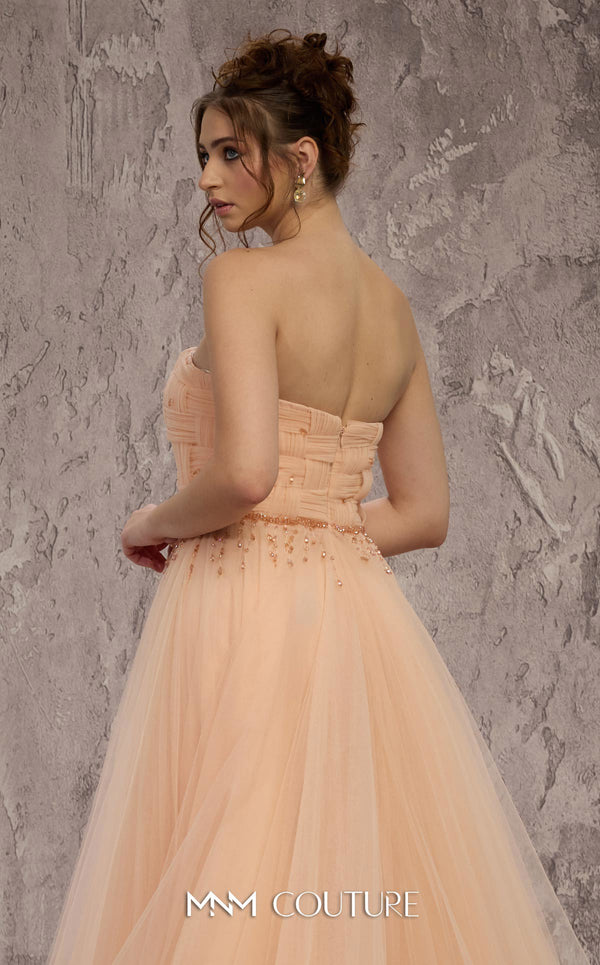 MNM Couture Style J03604 strapless A-line organza gown with a basket-weaved bodice and hanging crystals. \ Couture Shop LA