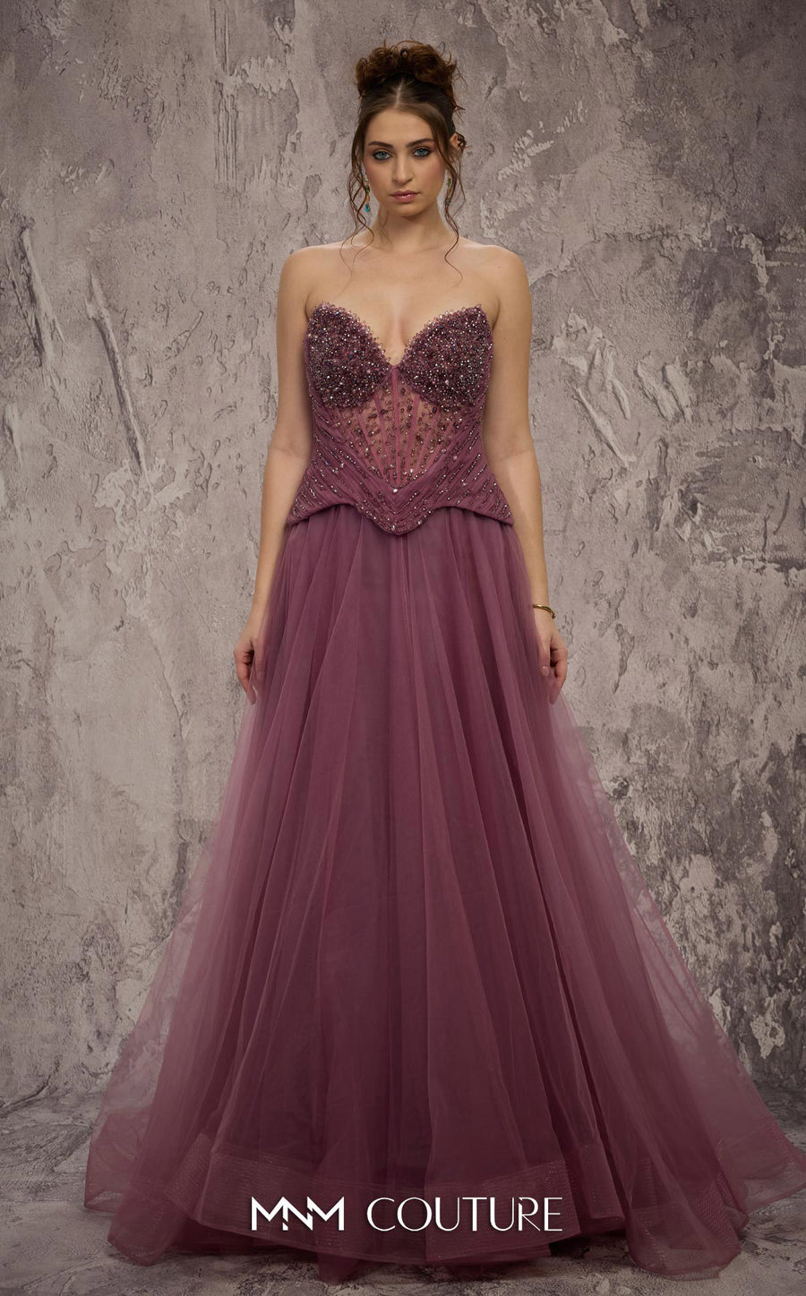MNM Couture Style J03608: A-Line Organza Gown with Beaded Corset