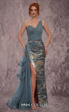 MNM Couture Style J03619 one-shoulder gown with ruched detailing, crystal embellishments, and a ruffled train. \ Couture Shop LA