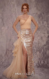 MNM Couture Style J03619 one-shoulder gown with ruched detailing, crystal embellishments, and a ruffled train. \ Couture Shop LA