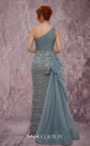 MNM Couture Style J03619 one-shoulder gown with ruched detailing, crystal embellishments, and a ruffled train. \ Couture Shop LA