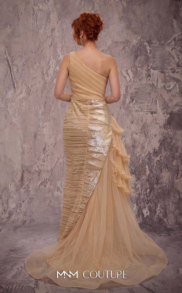 MNM Couture Style J03619 one-shoulder gown with ruched detailing, crystal embellishments, and a ruffled train. \ Couture Shop LA