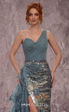 MNM Couture Style J03619 one-shoulder gown with ruched detailing, crystal embellishments, and a ruffled train. \ Couture Shop LA