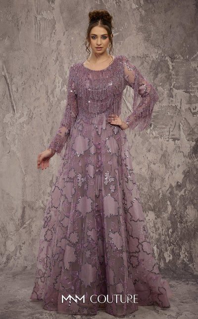 MNM Couture Style J03621 A-line gown with a fringe beaded top, long sleeves, and sequined details. \ Couture Shop LA