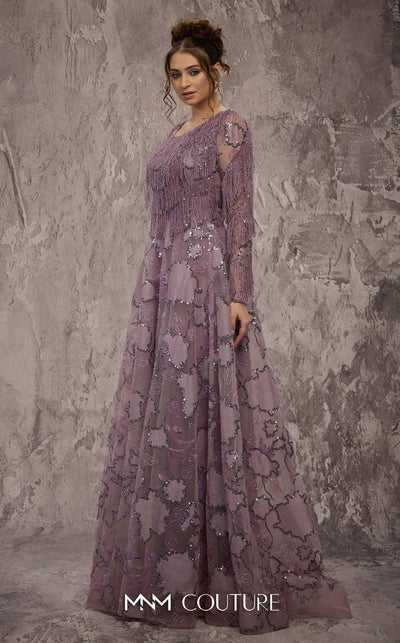 MNM Couture Style J03621 A-line gown with a fringe beaded top, long sleeves, and sequined details. \ Couture Shop LA