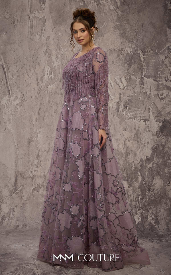 MNM Couture Style J03621 A-line gown with a fringe beaded top, long sleeves, and sequined details. \ Couture Shop LA