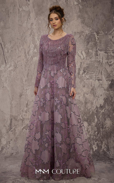 MNM Couture Style J03621 A-line gown with a fringe beaded top, long sleeves, and sequined details. \ Couture Shop LA