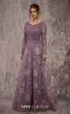 MNM Couture Style J03621 A-line gown with a fringe beaded top, long sleeves, and sequined details. \ Couture Shop LA