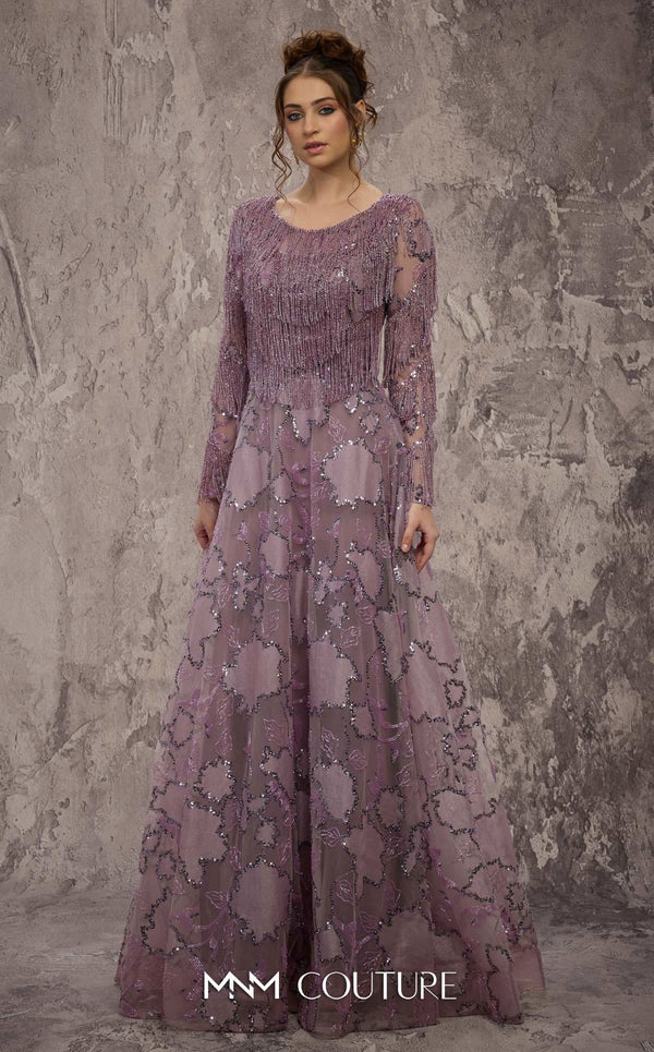 MNM Couture Style J03621 A-line gown with a fringe beaded top, long sleeves, and sequined details. \ Couture Shop LA