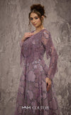 MNM Couture Style J03621 A-line gown with a fringe beaded top, long sleeves, and sequined details. \ Couture Shop LA