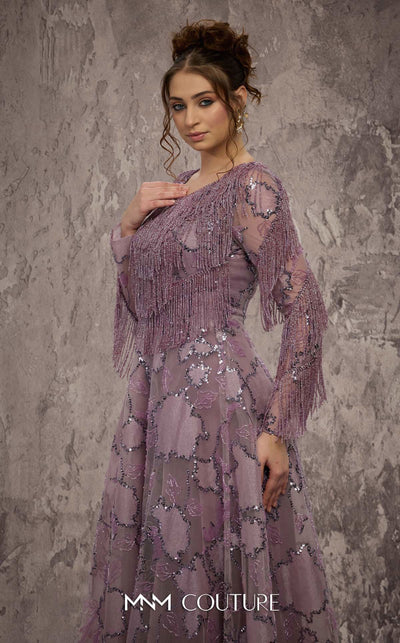 MNM Couture Style J03621 A-line gown with a fringe beaded top, long sleeves, and sequined details. \ Couture Shop LA