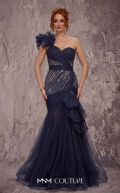 MNM Couture Style J03626 one-shouldered gown with ruched pleating and a mermaid hem. \ Couture Shop LA