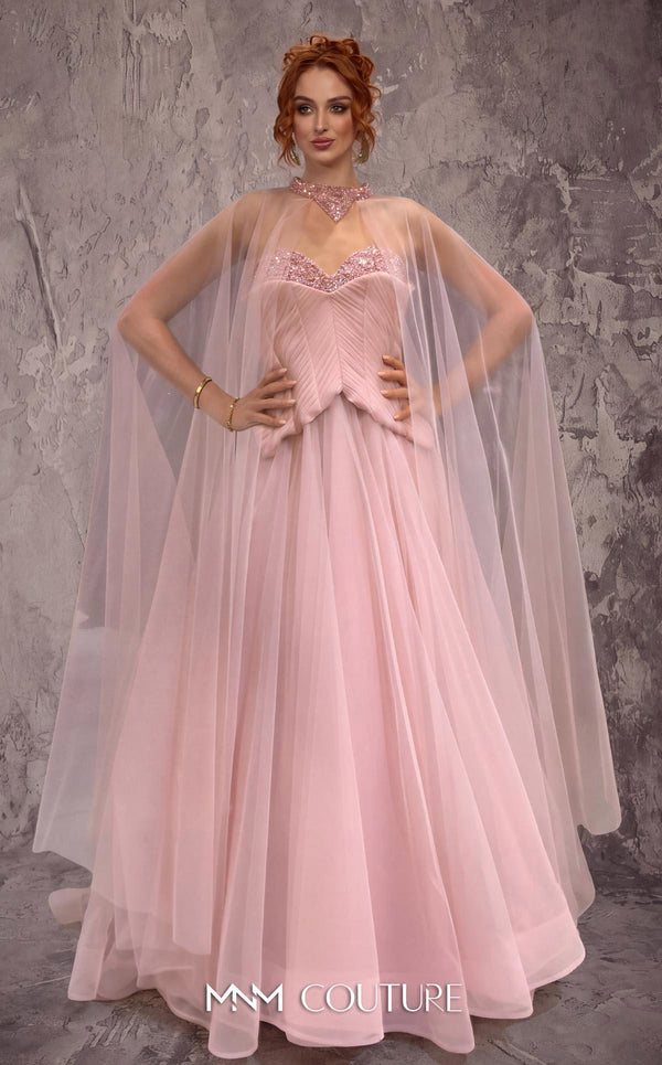 MNM Couture Style J03627 A-line ballgown with a beaded sweetheart bodice, sheer skirt, and crystal-studded choker. \ Couture Shop LA