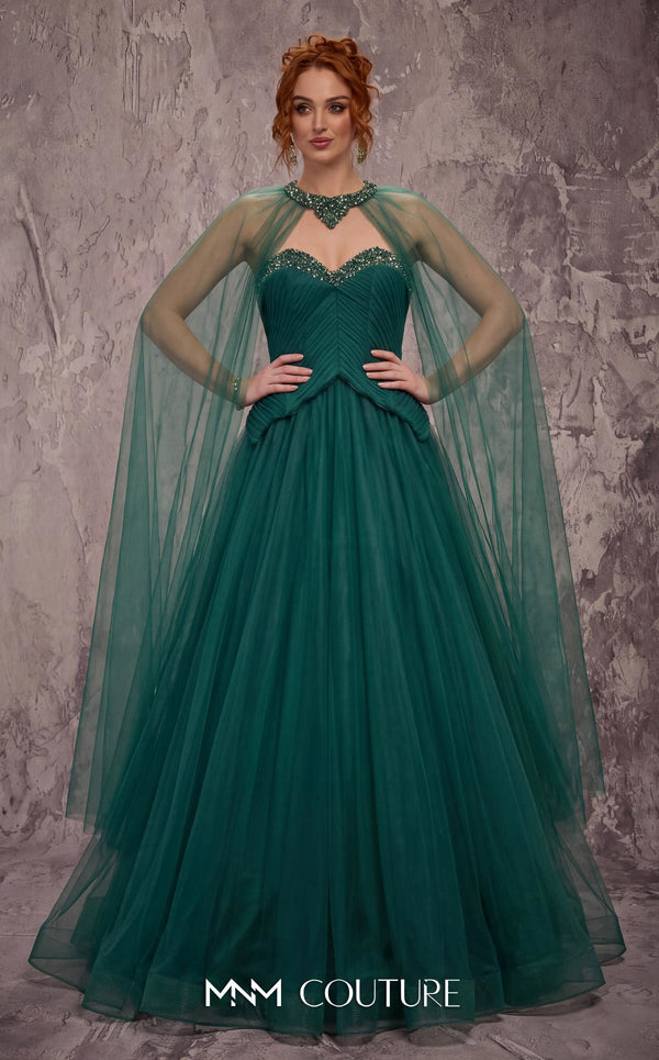 MNM Couture Style J03627 A-line ballgown with a beaded sweetheart bodice, sheer skirt, and crystal-studded choker. \ Couture Shop LA