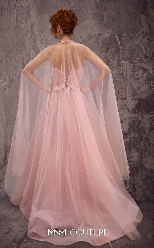 MNM Couture Style J03627 A-line ballgown with a beaded sweetheart bodice, sheer skirt, and crystal-studded choker. \ Couture Shop LA