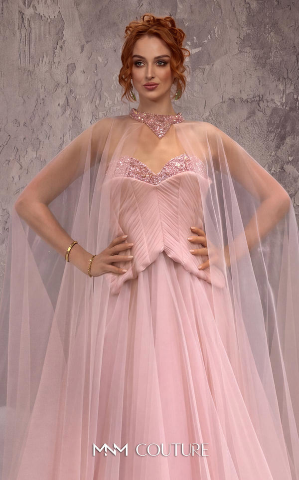 MNM Couture Style J03627 A-line ballgown with a beaded sweetheart bodice, sheer skirt, and crystal-studded choker. \ Couture Shop LA