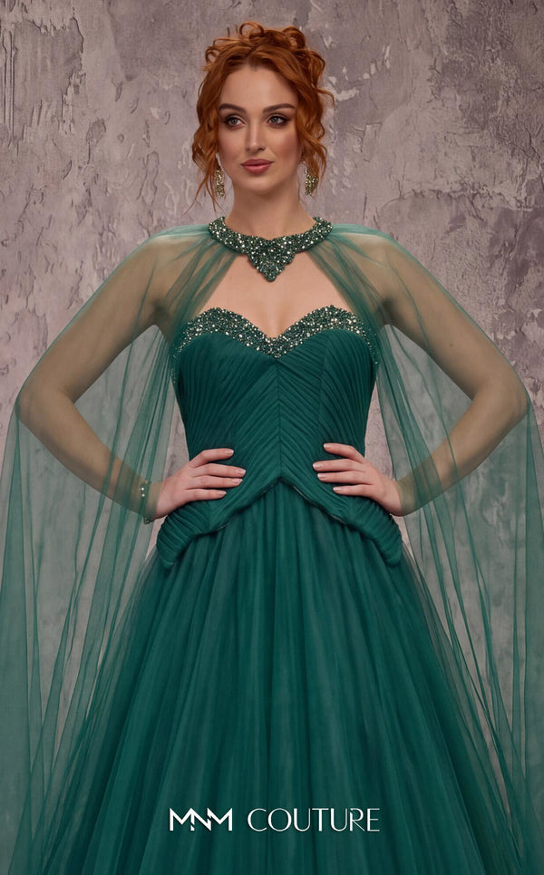 MNM Couture Style J03627 A-line ballgown with a beaded sweetheart bodice, sheer skirt, and crystal-studded choker. \ Couture Shop LA