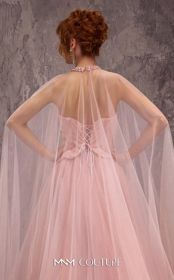 MNM Couture Style J03627 A-line ballgown with a beaded sweetheart bodice, sheer skirt, and crystal-studded choker. \ Couture Shop LA