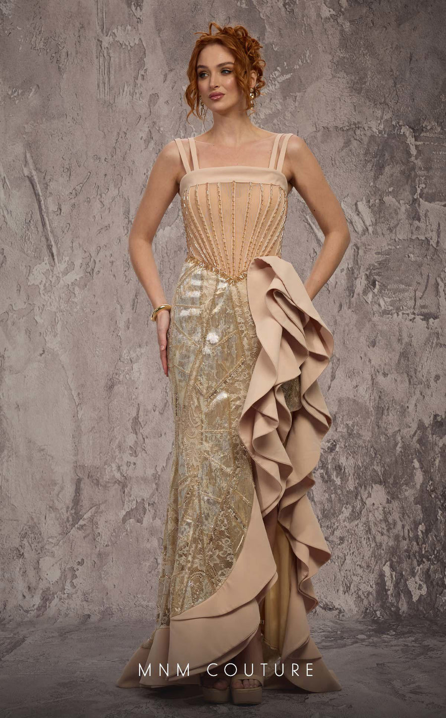 MNM Couture Style J03632: Beaded Column Gown with Ruffled Asymmetrical Hem